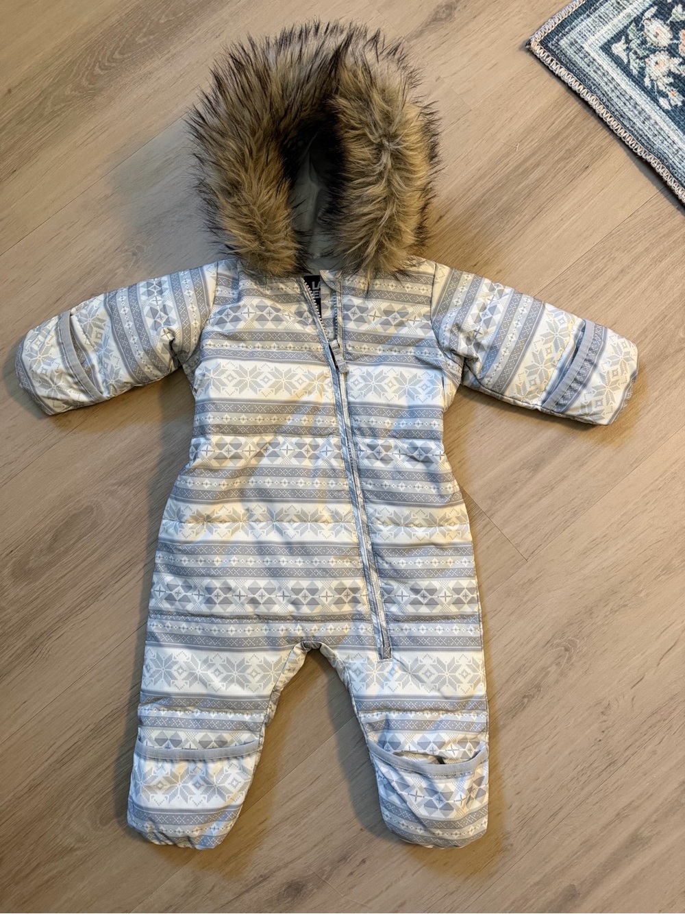 Baby lands end One-Piece with Faux Fur Hood - Light Gray and ivory cream
